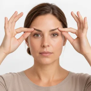 Woman facing camera with index finger above and middle finger below each eyebrow, gently pinning the brows for an isometric lift