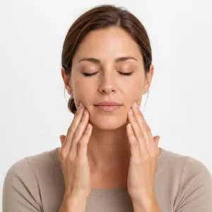 Woman with eyes closed, fingertips starting on the lower cheeks just outside the mouth corners along the jawline before gliding toward the ears