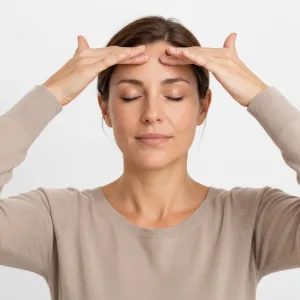 Woman with eyes closed, flat fingertips of both hands meeting at the midline of the forehead, thumbs near the temples, for a light outward massage