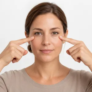 Woman demonstrating under-eye outer corner lift: index fingertips resting lightly under both outer eye corners on the lower orbital rim, calm open eyes