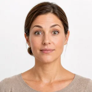 Woman demonstrating face yoga forehead brow raise: brows lifted high, eyes opened wide, lips closed in a soft line against a clean studio background